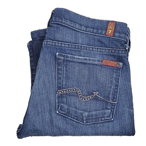 7 For All Man Kind Rhinestone Pocket Bootcut Medium Wash Jeans Size 29 #515 - Picture 1 of 9